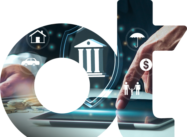 OpenText OT watermark image with person using a tablet and financial industry icons